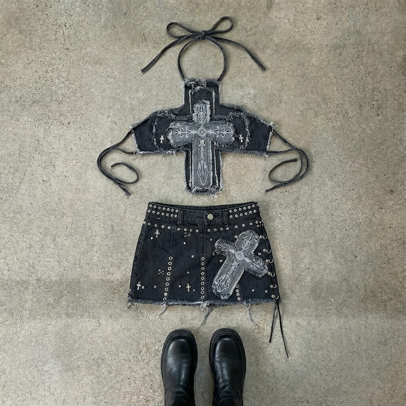 Y2K gothic denim two piece set with cross patch crop top and ripped black mini skirt, punk grunge streetwear handmade outfit image 2