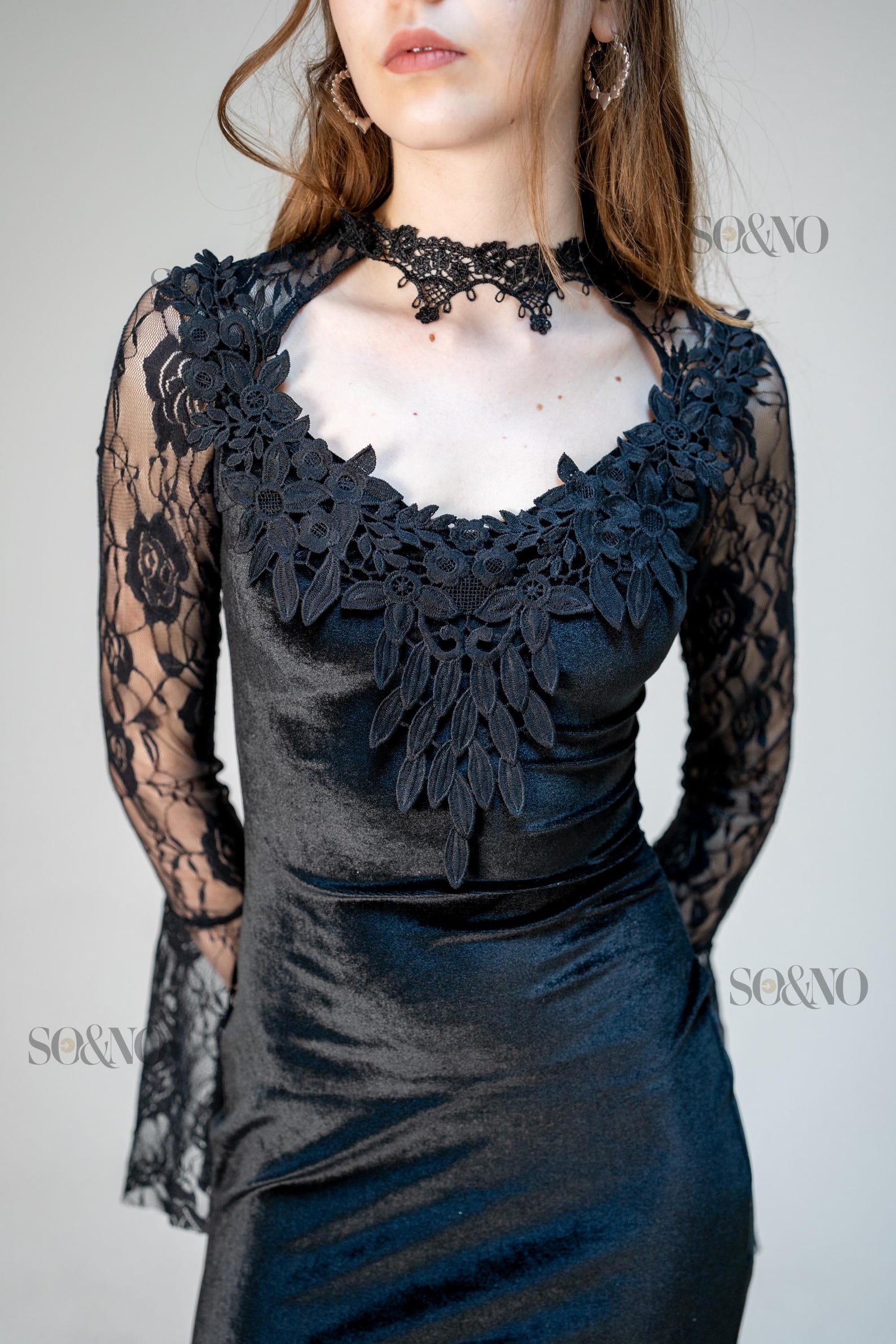 Velvet Victorian Maxi Dress, Rust Velvet Hand Crochet Lace, Gothic Romance Dress XS main image 1