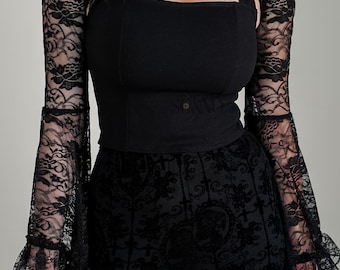 Gothic Schwarz Spitze Ärmel Crop Top Frauen Victorian Witchy Style Alt Fashion Statement Stück Partys Events