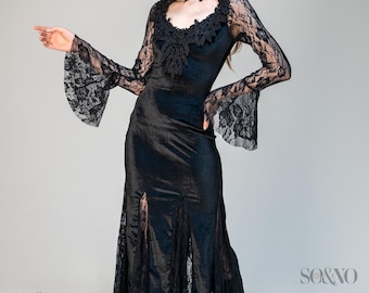 Gothic velvet gown, black lace maxi dress, victorian inspired dress, witchy flare sleeve dress, alternative formal outfit women