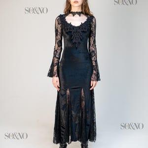 Gothic lace long black dress, velvet flare sleeve maxi dress floral applique neckline witchy dark aesthetic vintage vampire look