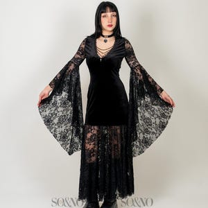 Gothic Velvet Black Lace Dress Bell Sleeve Maxi Dress Vintage Witch Dress Asymmetrical Dark Dress Halloween Outfit Alternative Clothing