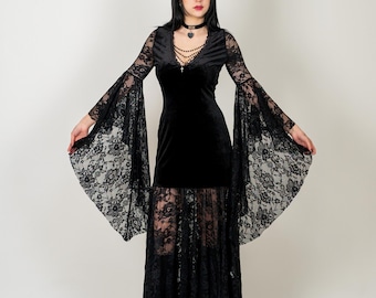 Gothic Velvet Black Lace Dress Bell Sleeve Maxi Dress Vintage Witch Dress Asymmetrical Dark Dress Halloween Outfit Alternative Clothing