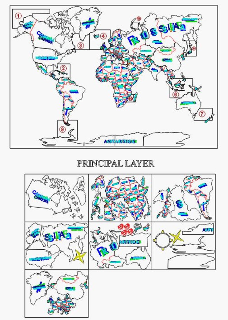 Mapamundi para corte laser MultiLenguaje Es-En-Fr-It archivo SVGDXFAI imagen 10