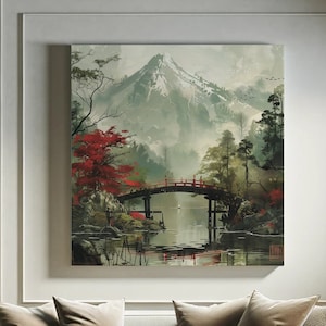 Impression sur toile paysage de montagne japonais : décoration zen pont rouge