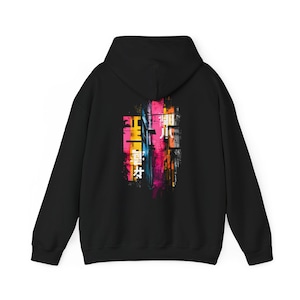 Japanese Streetwear Hoodie Back Print, Urban Neon Graphic Hoodie Unisex, Cool Japan Art Sweatshirt, Great Gift for Anime Fashion Fans
