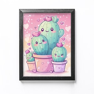 Kawaii Kaktus Familie Poster Niedliches Pflanzen Wand Kunst Geschenk für Kawaii Liebhaber Dekor