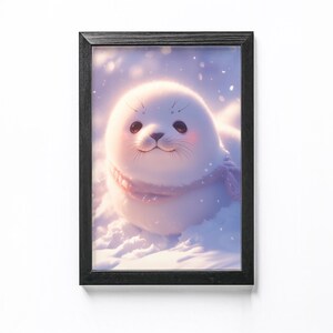 Kawaii Poster Print, Yuki der Schneeball Robbe Kunst, Winter Kinderzimmer Dekoration, Verspielte Robbe Illustration, Tierdruck, Schneewunderland
