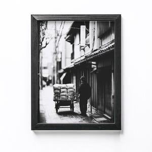 Japanese Delivery Cart Poster Print Vintage Black and White Street Photography Art, Retro Urban Wall Decor, Gift for Japan Lovers