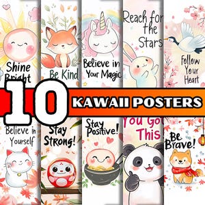 Collezione di poster kawaii motivazionali, 10 graziosi poster da parete giapponesi da scaricare digitalmente con messaggi motivazionali, decorazioni, cartoline e regali