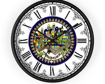 Jerusalem Vintage Wooden Clock | Roman Numeral | Hebrew Bible Inspired | Wall Clock