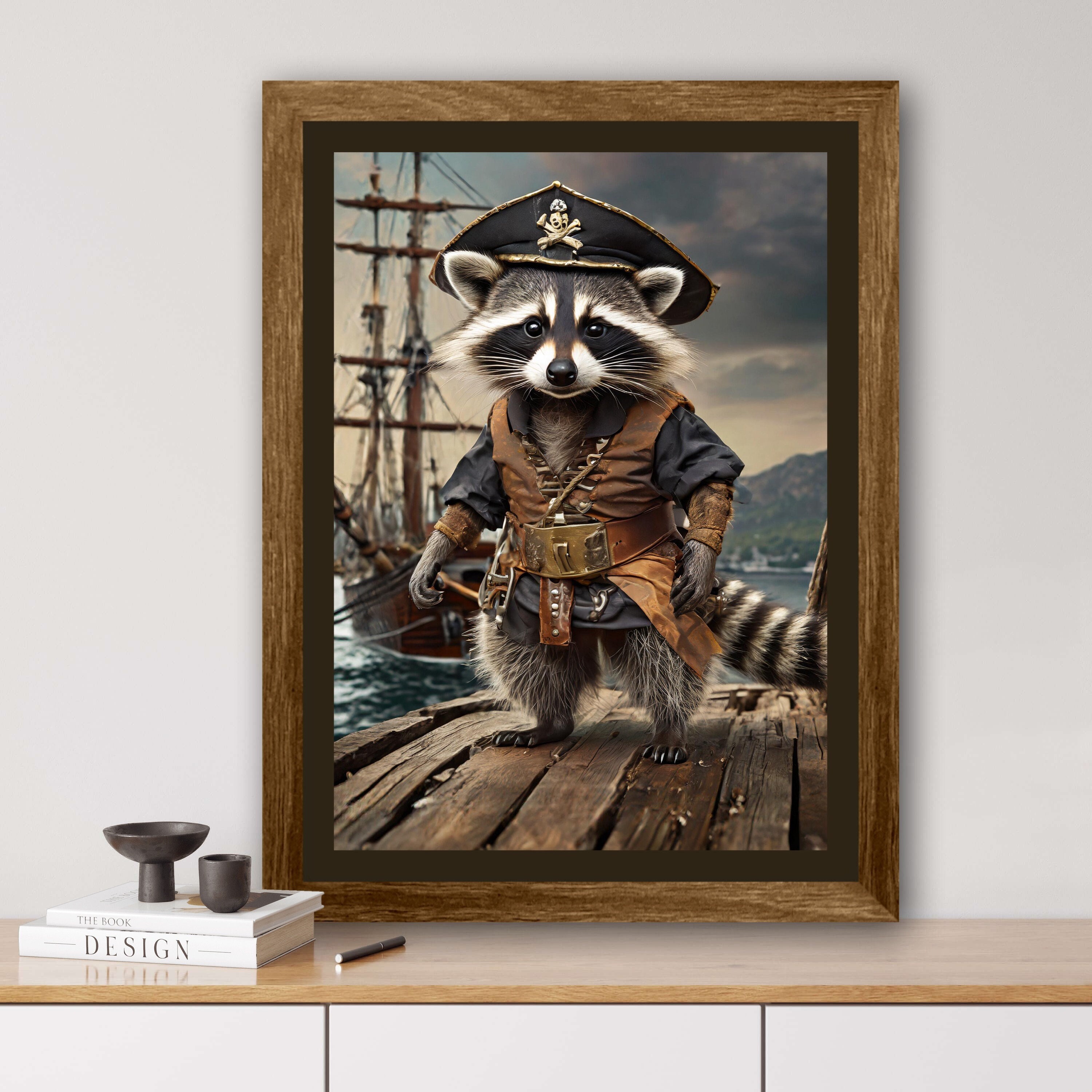 Raccoon, AI generated, pirate, children's room, digital print, quirky illustrations, creative art, funny posters, original artwork