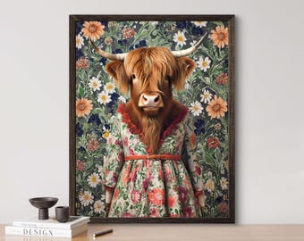 Irish Highland Cow in dress, AI generated, prom, vintage portrait, suit, animal portrait, digi art, poster, funny animal portrait