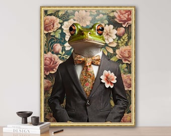 frog in suit, AI generated, prom, vintage portrait, suit, animal portrait, digi art, poster, funny animal portrait