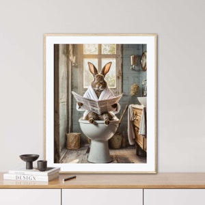 Hase auf dem WC, KI generiert, WC Tiere, Zeitung, Vintage Porträt, tierisches Porträt, Digi Art, Poster, lustiges Tierporträt, Hund, Hase