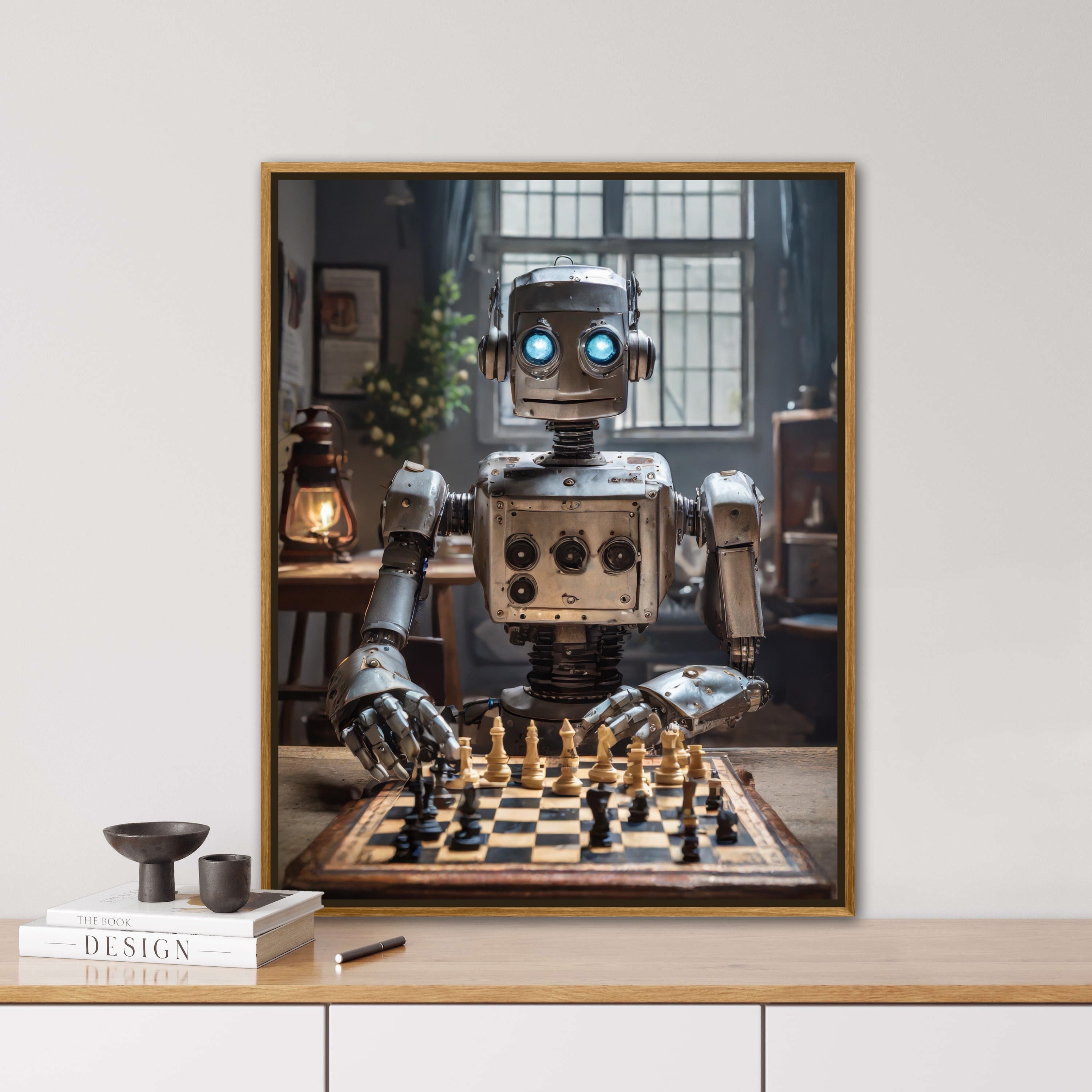 Robot playing chess, AI generated, inkjet print on 310g Fine Art Photo Paper