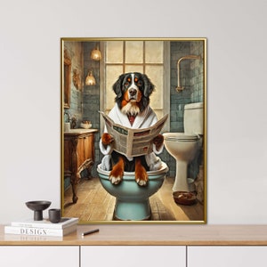Berner Sennenhund auf dem WC, KI generiert,WC Tiere, Zeitung, Vintage Porträt, tierisches Porträt, Poster, lustiges Tierporträt, Hund