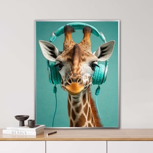 Giraffe mit Kopfhörern, KI generiert, Kopfhörer, türkis, tierisches Porträt, Digi Art, Poster, Giraffe, lustiges Tier Portrait, urban
