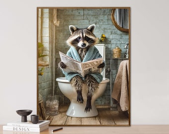 Raton laveur en peignoir sur les toilettes, animaux de toilette, raton laveur, journal, portrait vintage, portrait animalier, DigiArt, affiche, portrait animal rigolo