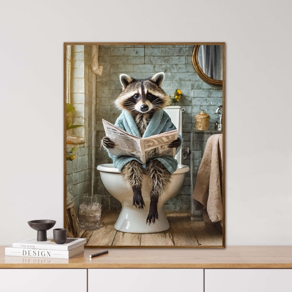 Waschbär im Bademantel auf dem WC, WC Tiere, Waschbär, Zeitung, Vintage Porträt, tierisches Porträt, DigiArt, Poster, lustiges Tierporträt