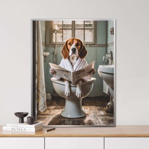 Beagle auf dem WC, KI generiert,WC Tiere, Zeitung, Vintage Porträt, tierisches Porträt, Digi Art, Poster, lustiges Tierporträt, Hund, Beagle