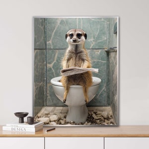 Erdmännchen auf dem WC, KI generiert, WC Tiere, Erdmännchen, Zeitung, tierisches Porträt, Digi Art, Poster, lustiges Tierporträt,