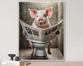 Varken op het toilet, toiletdieren, varken, krant, vintage portret, dierenportret, digi art, poster, grappig dierenportret,