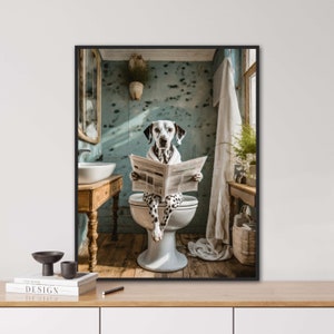 Dalmatiner auf dem WC, KI generiert, WC Tiere, Zeitung, Vintage Porträt, tierisches Porträt, Digi Art, lustiges Tierporträt, Hund