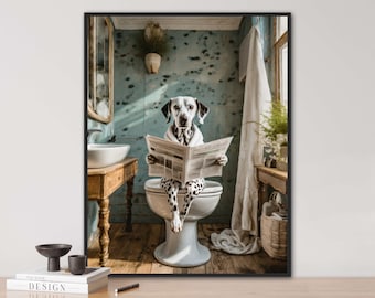 Dalmatian on the toilet, toilet animals, newspaper, vintage portrait, animal portrait, digi art, poster, funny animal portrait, dog, goldendoodle