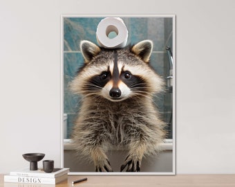 Raccoon, AI generated, bathroom, children&#39;s room, digital print, quirky illustrations, creative art, funny posters, toilet art