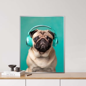 Mops mit Kopfhörern , KI generiert, Kopfhörer, türkis, tierisches Porträt, Digi Art, Poster