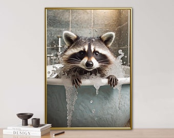 Raccoon, AI generated, Bathroom, Children&#39;s room, Digital print, Bizarre illustrations, Creative art, Funny posters, Toilet art