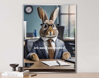Rabbit in the office, AI generated, funny saying poster, animal portrait, poster, funny animal portrait, digital print, rabbit, office, Easter