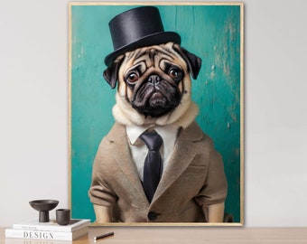 Pug con sombrero, generado por IA, fiesta de graduación, retrato vintage, traje, retrato de animal, arte digital, póster, retrato de animal divertido
