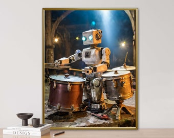 Robot on drums, AI generated, inkjet print on 310g Fine Art Photo Paper