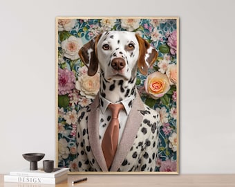 Dalmatian in suit, AI generated, floral wallpaper, prom, vintage portrait, suit, animal portrait, digi art, funny animal portrait