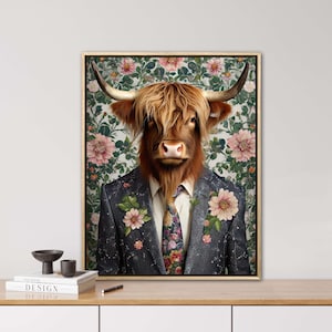 Irish Highland Cow im Anzug, KI generiert, Abschlussball, Vintage Porträt,Anzug, tierisches Porträt, Digi Art, Poster, lustiges Tier Porträt