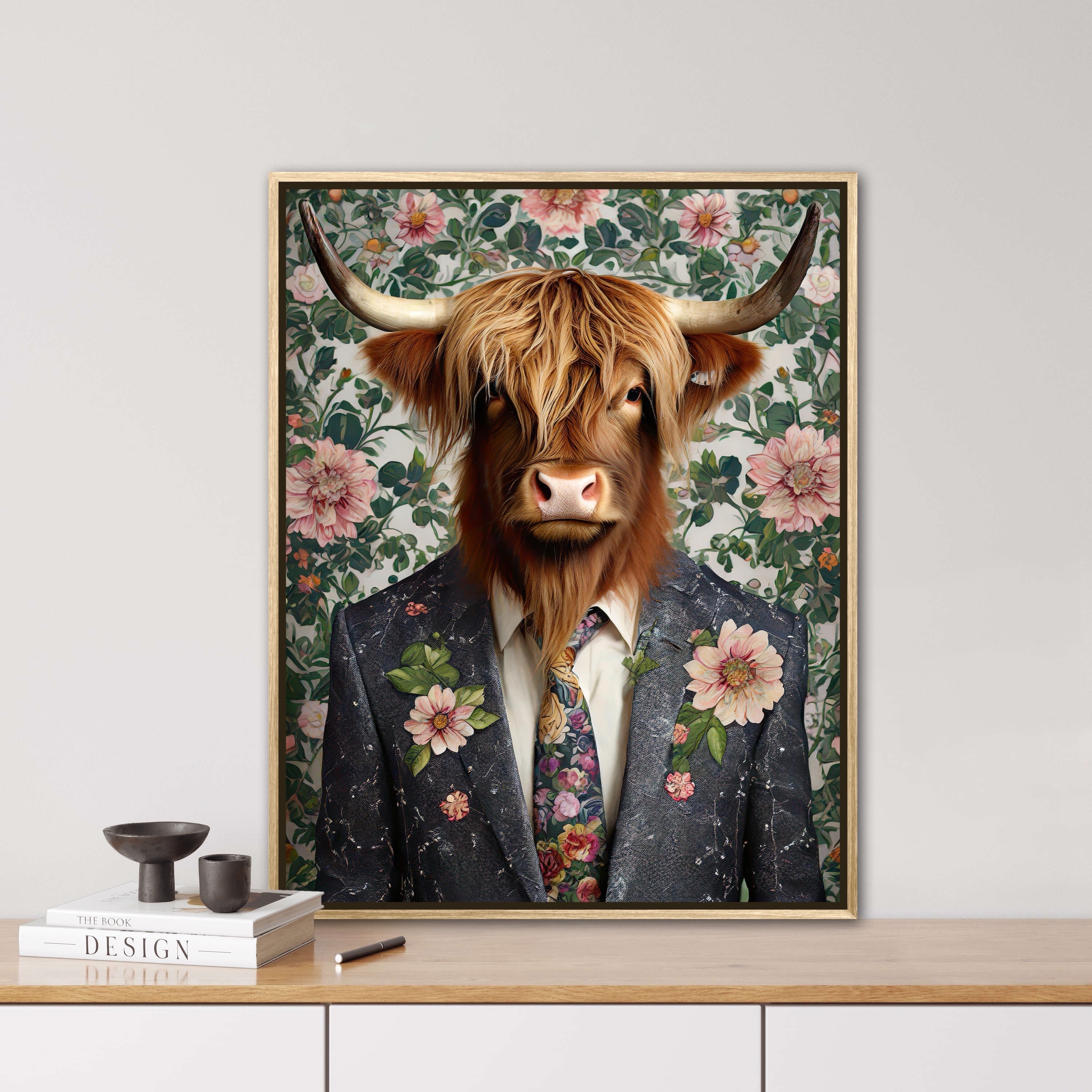 Irish Highland Cow in Suit, AI generated, prom, vintage portrait, suit, animal portrait, digi art, poster, funny animal portrait