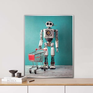 Robot z wózkiem na zakupy, wygenerowany przez sztuczną inteligencję, wydruk atramentowy na papierze fotograficznym Fine Art o gramaturze 310 g