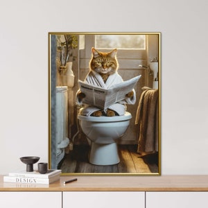 Katze auf dem WC, KI generiert, WC Tiere, Zeitung, Vintage Porträt, tierisches Porträt, Digi Art, Poster, lustiges Tierporträt,