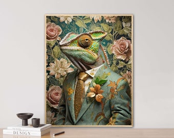 Chameleon in suit, AI generated, prom, vintage portrait, suit, animal portrait, digi art, poster, funny animal portrait