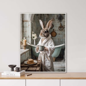 Hase im Bademantel, KI generiert, Badezimmer , Vintage Porträt, tierisches Porträt, Digi Art, Poster, lustiges Tier Porträt, Ostern