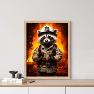 Feuerwehr Waschbär, KI generiert, Wandkunst, tierisches Poster, lustiges Tierportrait, Feuerwehr Fans,  skurriles Geschenk