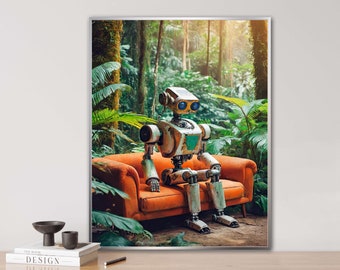Robot in the jungle, AI generated, inkjet print on 310g Fine Art Photo Paper