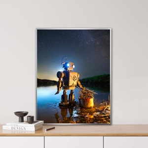 Robot che pesca rottami, generato dall'intelligenza artificiale, stampa a getto d'inchiostro su carta fotografica fine art da 310 g