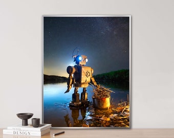 Robot fishing for scrap, AI generated, inkjet print on 310g Fine Art Photo Paper