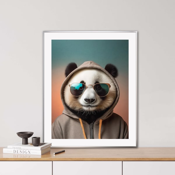Panda im Hoodie, Sonnenbrille, Vintage Porträt, tierisches Porträt, Digi Art, Poster, lustiges Tier Porträt, urban Portrait, Panda