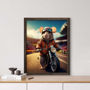 Ratón de motocicleta, generado por IA, arte mural, póster de animales, retrato divertido de animales, fanáticos de los ratones, motocicleta, regalo peculiar