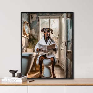 Dobermann auf dem WC, KI generiert, WC Tiere, Zeitung, Vintage Porträt, tierisches Porträt, Poster, lustiges Tierporträt, Hund, Dobermann