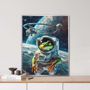 Space Frog, AI generated, frog, space, digital animal portrait, digi art, poster, children's room